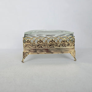 Vintage Glass Trinket Jewelry Box with Gold-Tone Floral Rose Frame