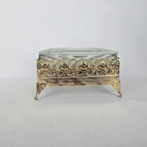 Vintage Glass Trinket Jewelry Box with Gold-Tone Floral Rose Frame