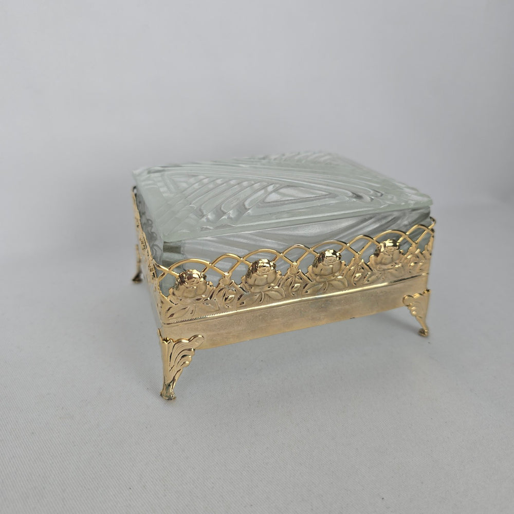 Vintage Glass Trinket Jewelry Box with Gold-Tone Floral Rose Frame