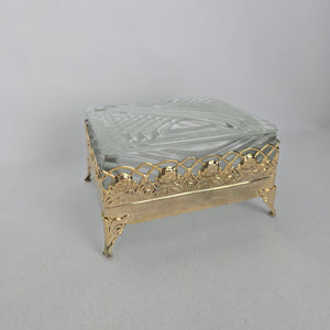Vintage Glass Trinket Jewelry Box with Gold-Tone Floral Rose Frame