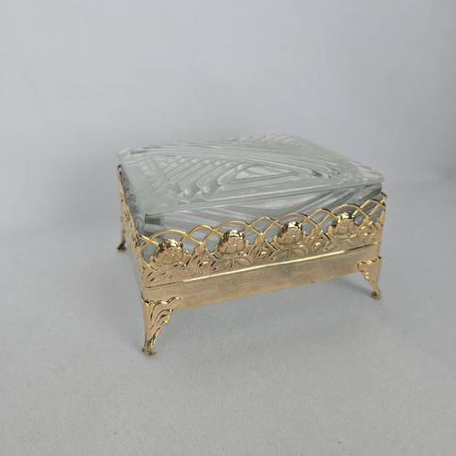 Vintage Glass Trinket Jewelry Box with Gold-Tone Floral Rose Frame