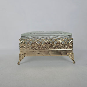 Vintage Glass Trinket Jewelry Box with Gold-Tone Floral Rose Frame