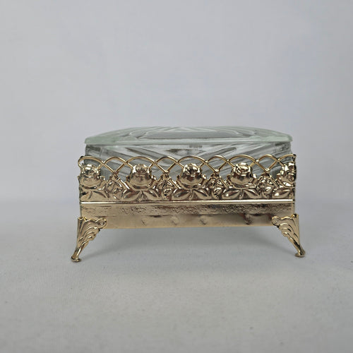 Vintage Glass Trinket Jewelry Box with Gold-Tone Floral Rose Frame