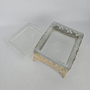 Vintage Glass Trinket Jewelry Box with Gold-Tone Floral Rose Frame