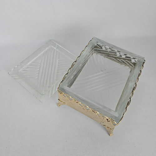 Vintage Glass Trinket Jewelry Box with Gold-Tone Floral Rose Frame