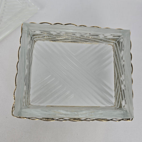 Vintage Glass Trinket Jewelry Box with Gold-Tone Floral Rose Frame