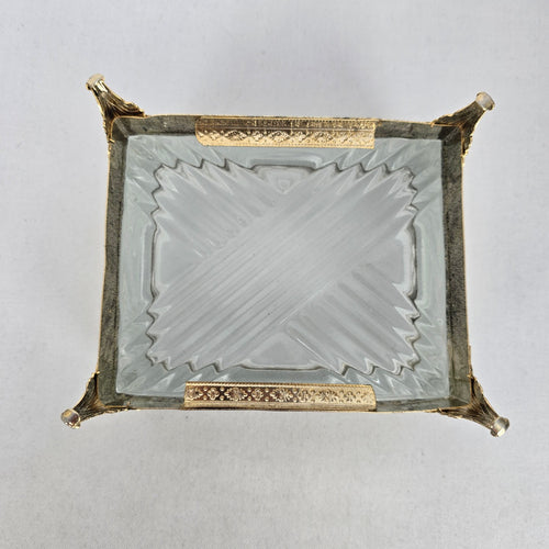 Vintage Glass Trinket Jewelry Box with Gold-Tone Floral Rose Frame