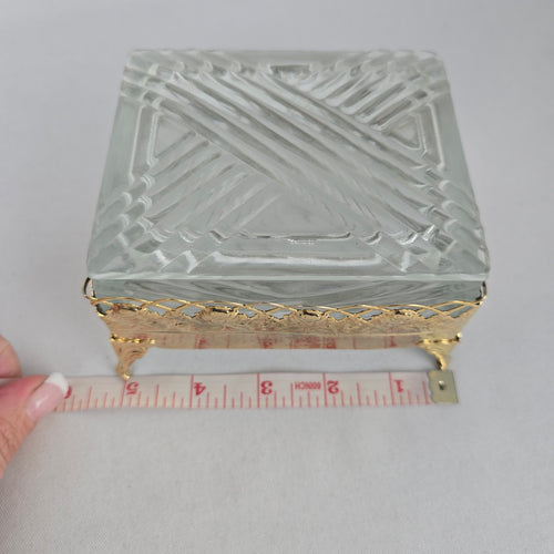 Vintage Glass Trinket Jewelry Box with Gold-Tone Floral Rose Frame