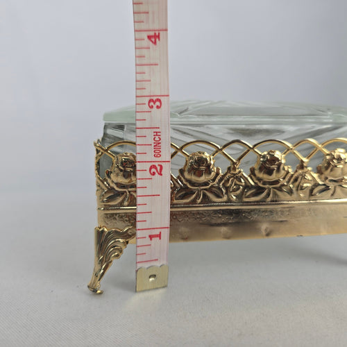 Vintage Glass Trinket Jewelry Box with Gold-Tone Floral Rose Frame