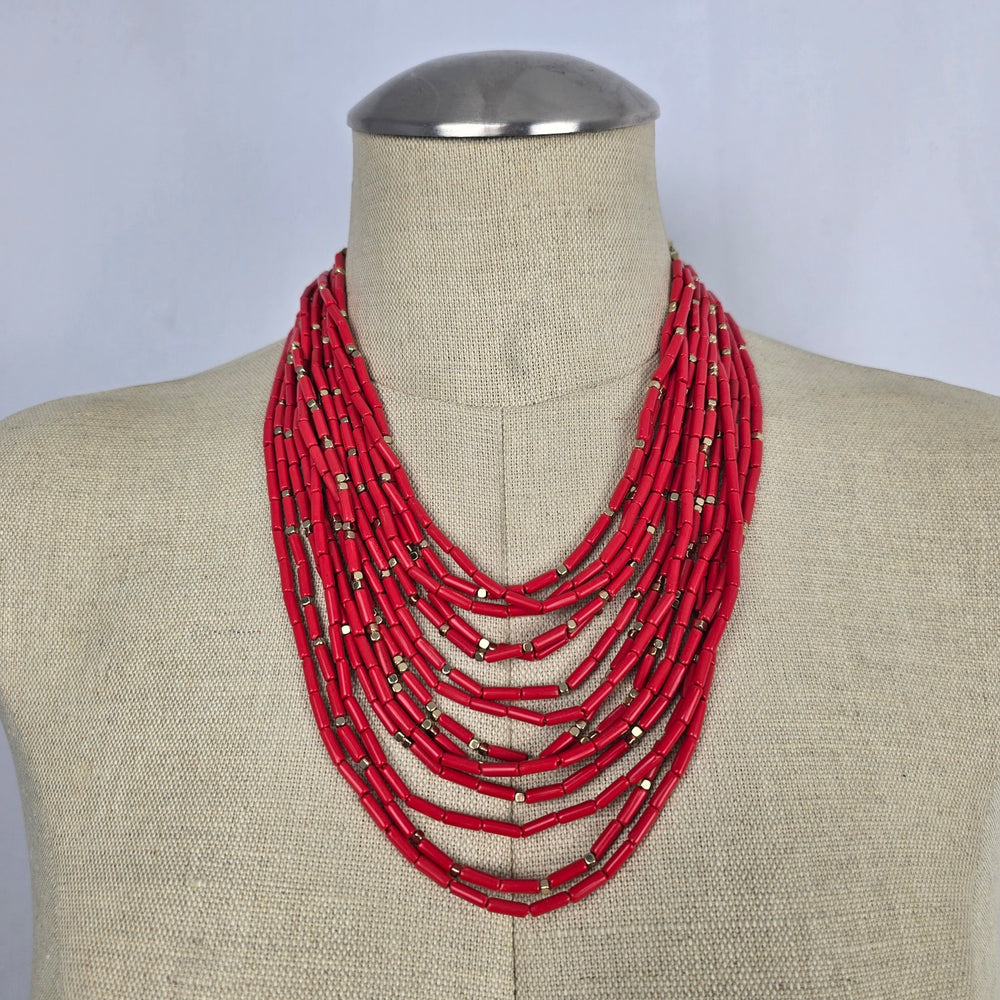 Vintage Red Multi-Strand Beaded Statement Necklace with Gold-Tone Accents