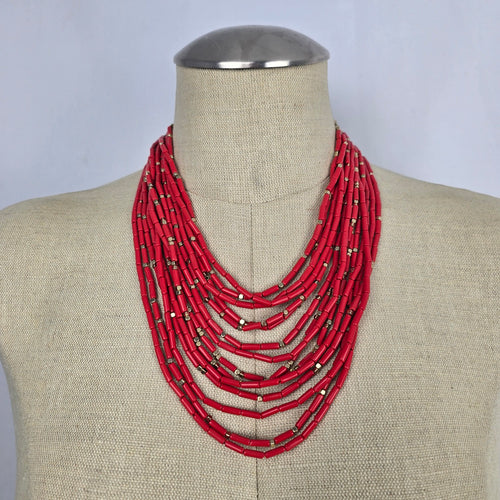 Vintage Red Multi-Strand Beaded Statement Necklace with Gold-Tone Accents