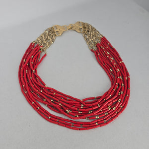 Vintage Red Multi-Strand Beaded Statement Necklace with Gold-Tone Accents