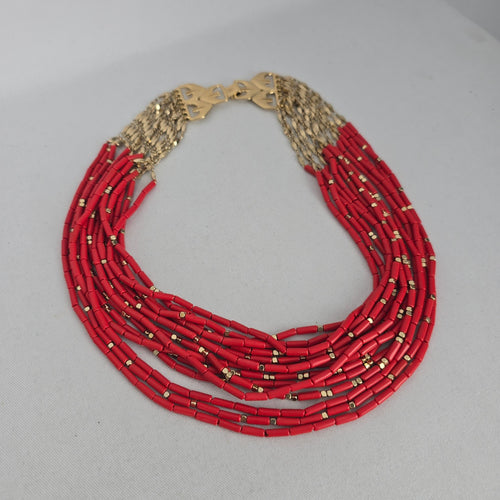 Vintage Red Multi-Strand Beaded Statement Necklace with Gold-Tone Accents