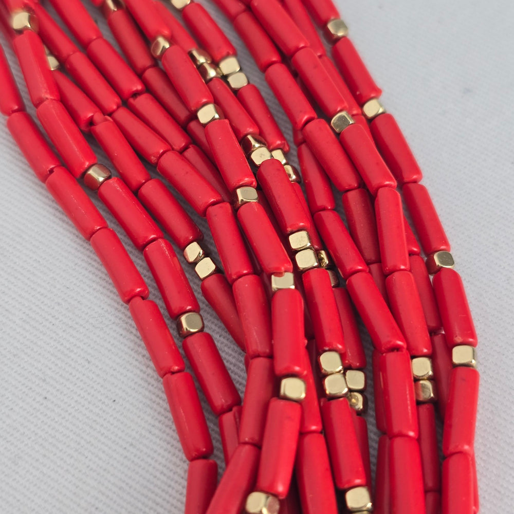 Vintage Red Multi-Strand Beaded Statement Necklace with Gold-Tone Accents