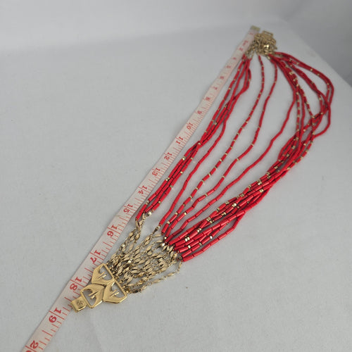Vintage Red Multi-Strand Beaded Statement Necklace with Gold-Tone Accents