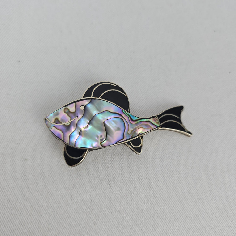 Vintage Mexico Alpaca Sterling Silver Abalone Shell Fish Brooch Pin
