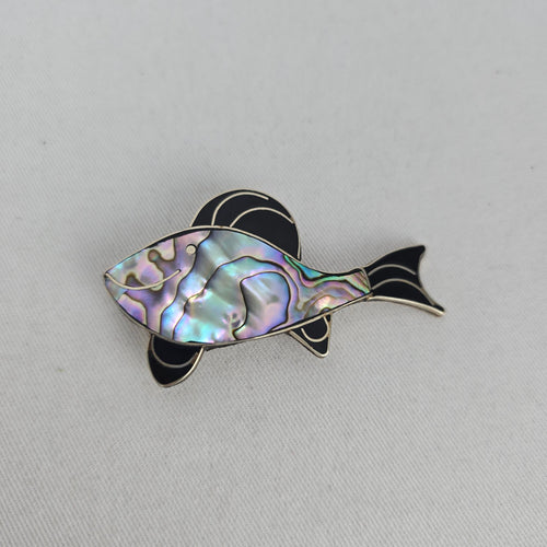 Vintage Mexico Alpaca Sterling Silver Abalone Shell Fish Brooch Pin