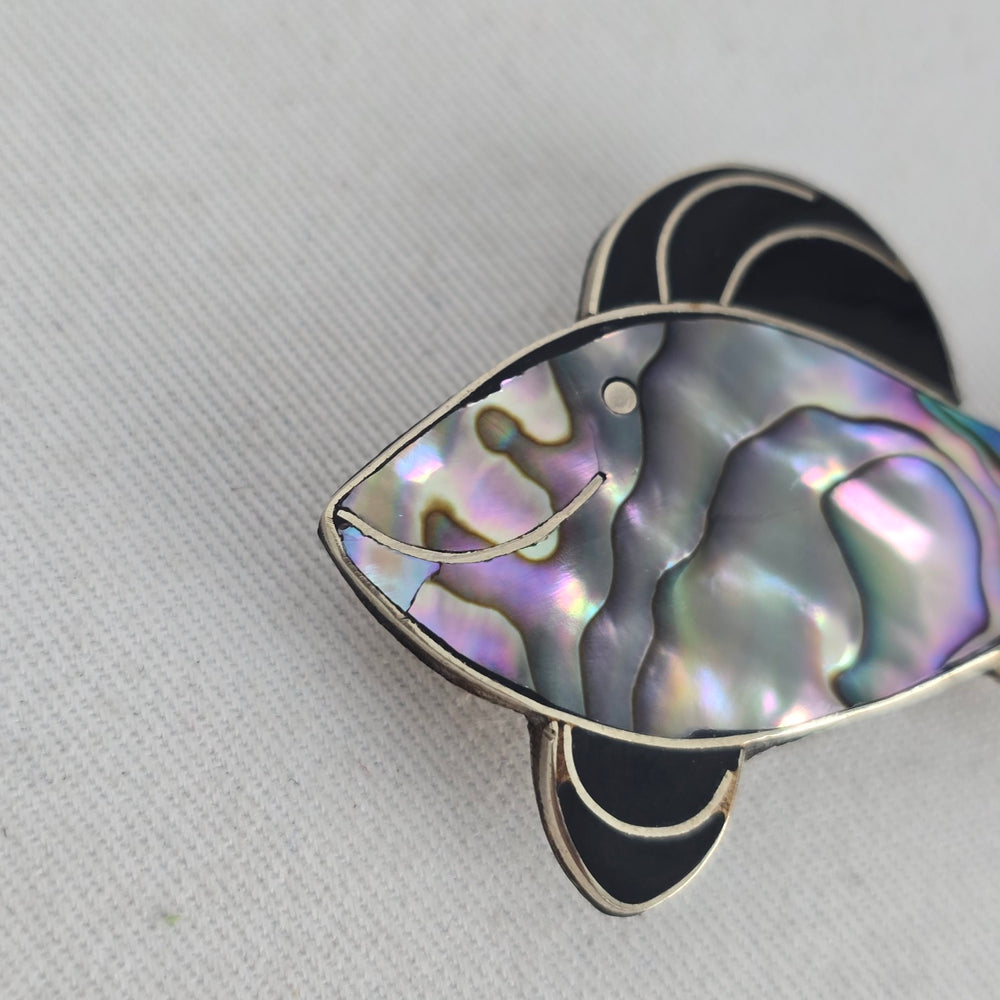 Vintage Mexico Alpaca Sterling Silver Abalone Shell Fish Brooch Pin