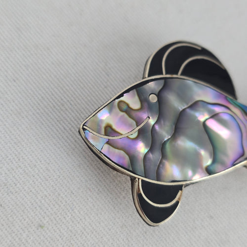 Vintage Mexico Alpaca Sterling Silver Abalone Shell Fish Brooch Pin