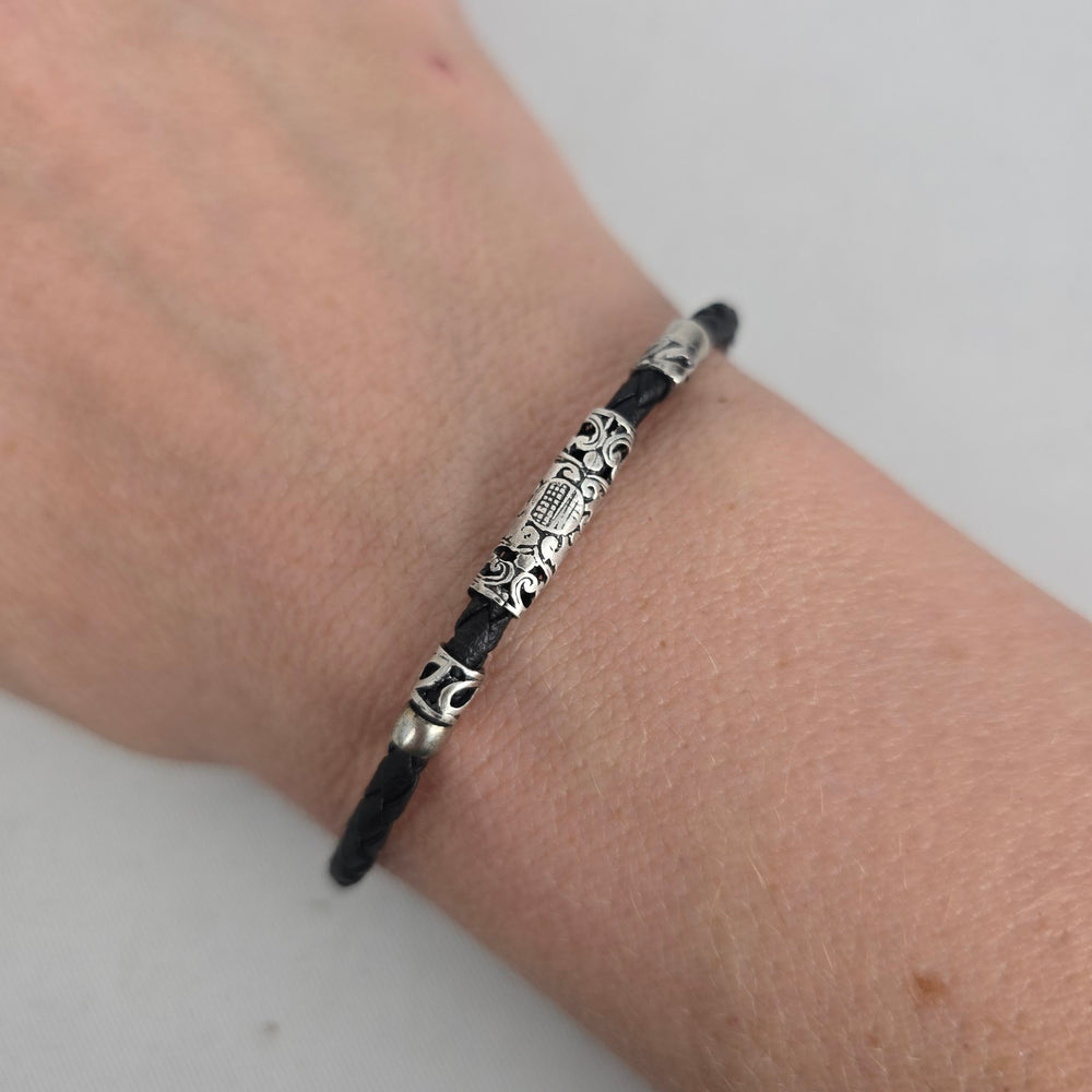 Vintage 925 Marked Silver & Black Braided Leather Bracelet