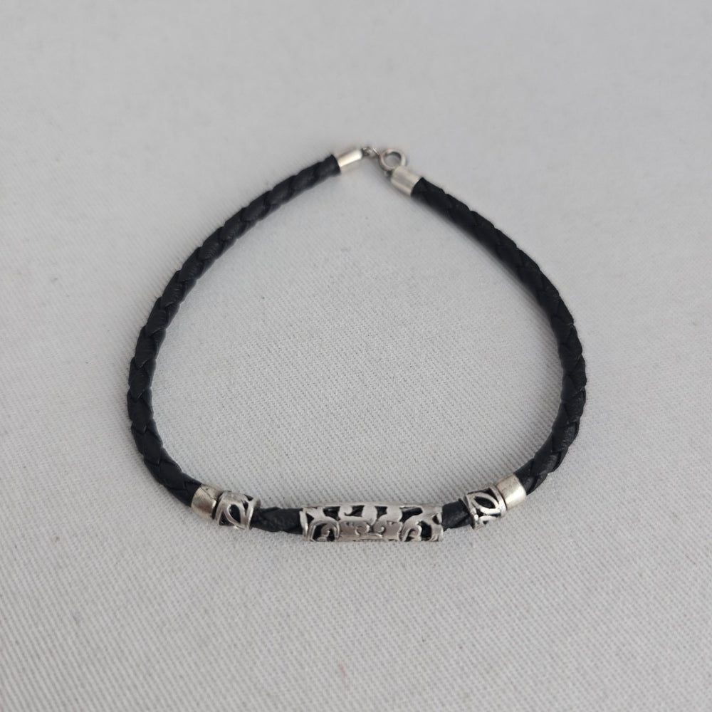 Vintage 925 Marked Silver & Black Braided Leather Bracelet