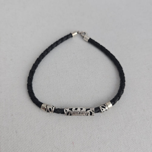 Vintage 925 Marked Silver & Black Braided Leather Bracelet