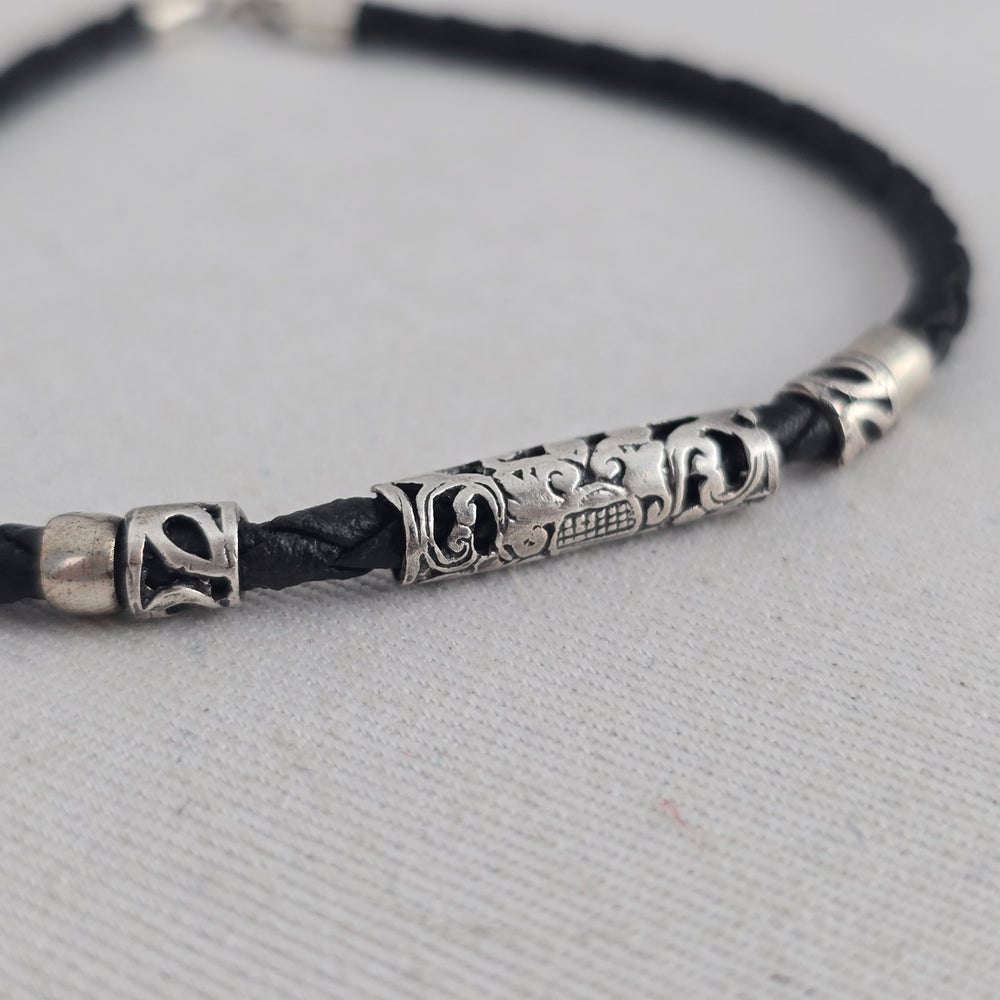 Vintage 925 Marked Silver & Black Braided Leather Bracelet