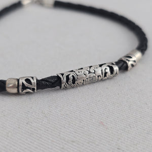 Vintage 925 Marked Silver & Black Braided Leather Bracelet