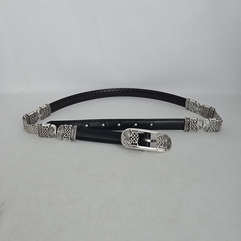 Brighton Brown & Black Leather Celtic Knot Silver-Tone Chain Belt Size S/M