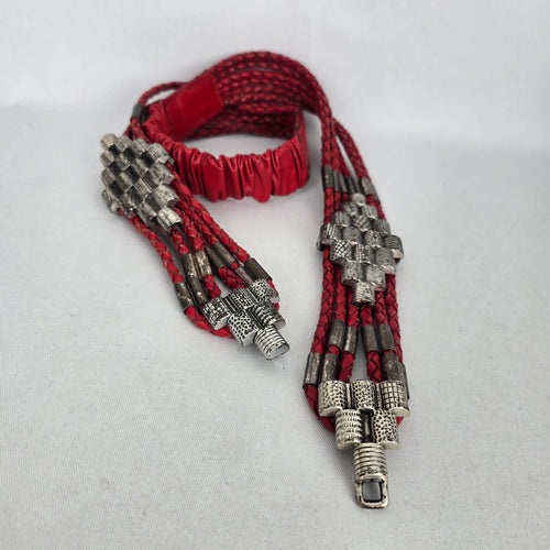 Chico's Red Braided Leather Multi-Strand Statement Belt with Silver-Tone Hardware