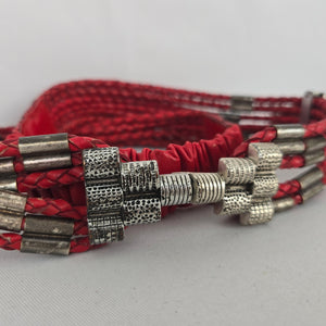 Chico's Red Braided Leather Multi-Strand Statement Belt with Silver-Tone Hardware