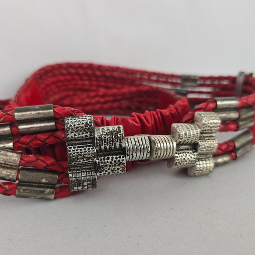 Chico's Red Braided Leather Multi-Strand Statement Belt with Silver-Tone Hardware
