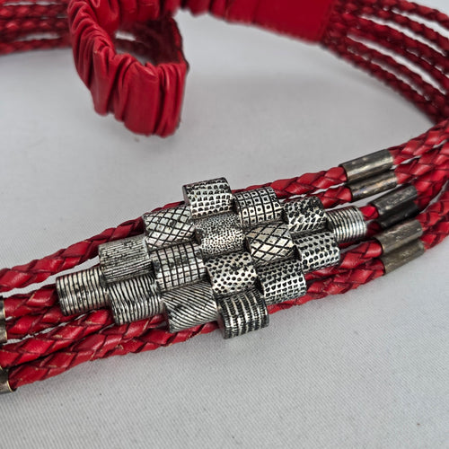 Chico's Red Braided Leather Multi-Strand Statement Belt with Silver-Tone Hardware