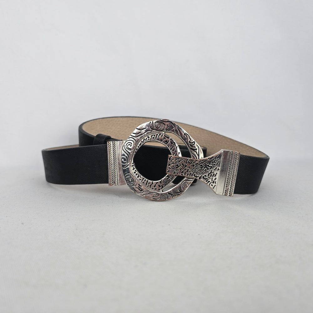 Chico's Black Leather Back Statement Belt with Silver-Tone Round Buckle - Size S/M