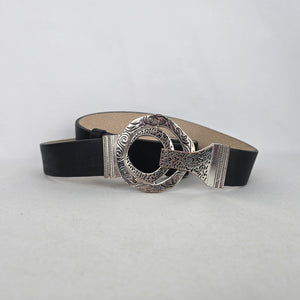 Chico's Black Leather Back Statement Belt with Silver-Tone Round Buckle - Size S/M