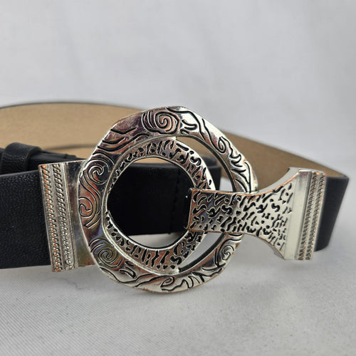Chico's Black Leather Back Statement Belt with Silver-Tone Round Buckle - Size S/M