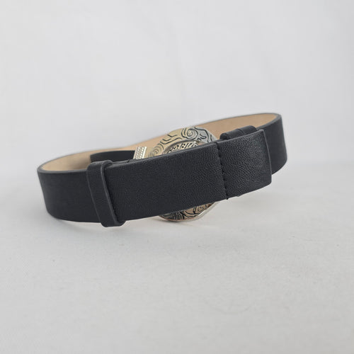 Chico's Black Leather Back Statement Belt with Silver-Tone Round Buckle - Size S/M