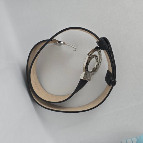 Chico's Black Leather Back Statement Belt with Silver-Tone Round Buckle - Size S/M
