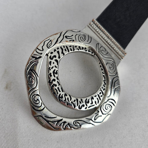 Chico's Black Leather Back Statement Belt with Silver-Tone Round Buckle - Size S/M