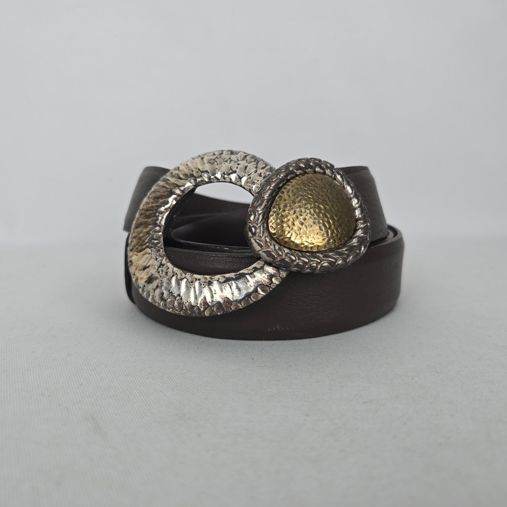 Chico's Brown Genuine Leather Statement Belt with Two-Tone Hammered Buckle Size M/L