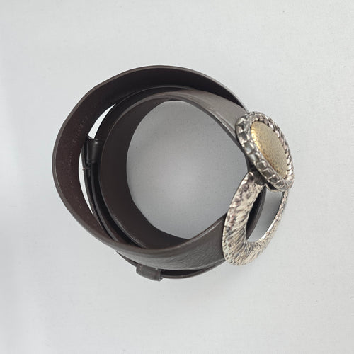 Chico's Brown Genuine Leather Statement Belt with Two-Tone Hammered Buckle Size M/L