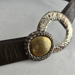 Chico's Brown Genuine Leather Statement Belt with Two-Tone Hammered Buckle Size M/L