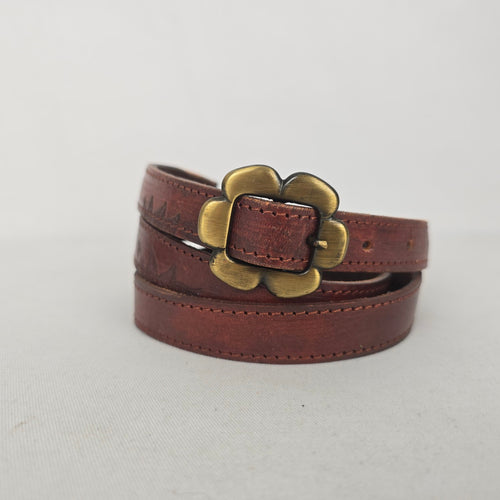 Vintage Durval Brown Leather Floral Embossed Belt with Brass-Tone Flower Buckle Size M/L