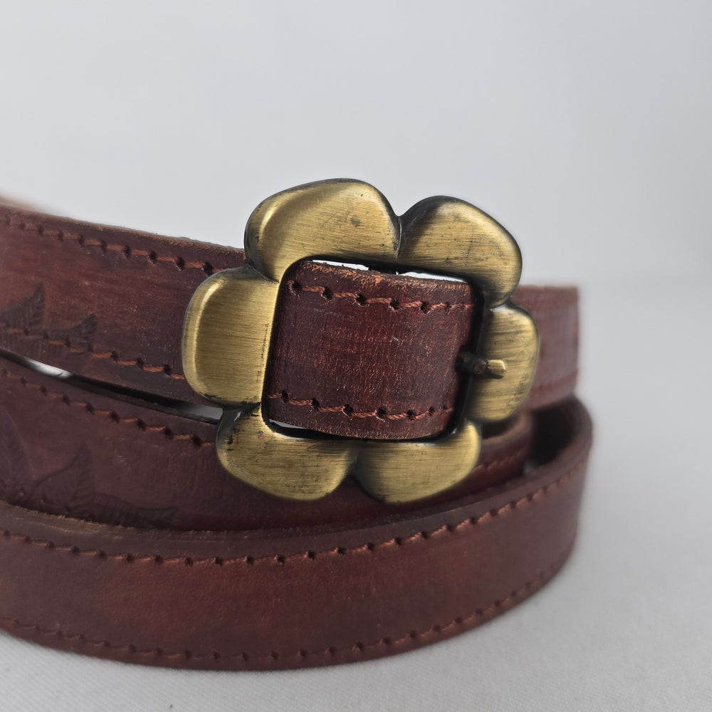 Vintage Durval Brown Leather Floral Embossed Belt with Brass-Tone Flower Buckle Size M/L