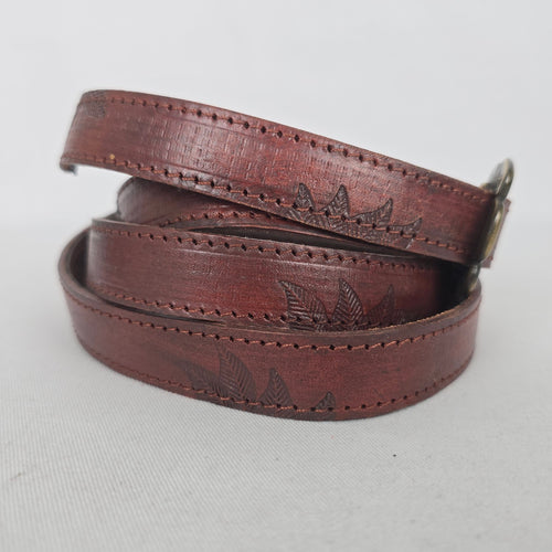 Vintage Durval Brown Leather Floral Embossed Belt with Brass-Tone Flower Buckle Size M/L