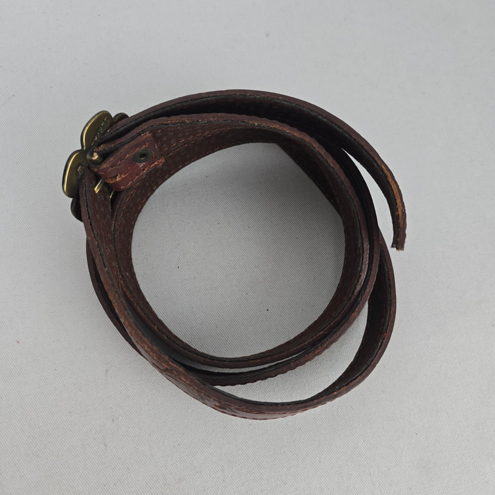 Vintage Durval Brown Leather Floral Embossed Belt with Brass-Tone Flower Buckle Size M/L