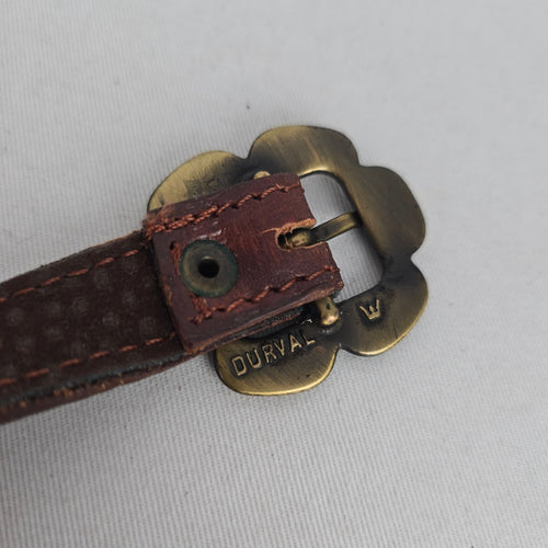 Vintage Durval Brown Leather Floral Embossed Belt with Brass-Tone Flower Buckle Size M/L