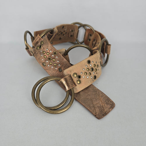 Vintage Brown Distressed Leather O-Ring Studded Statement Belt Size M