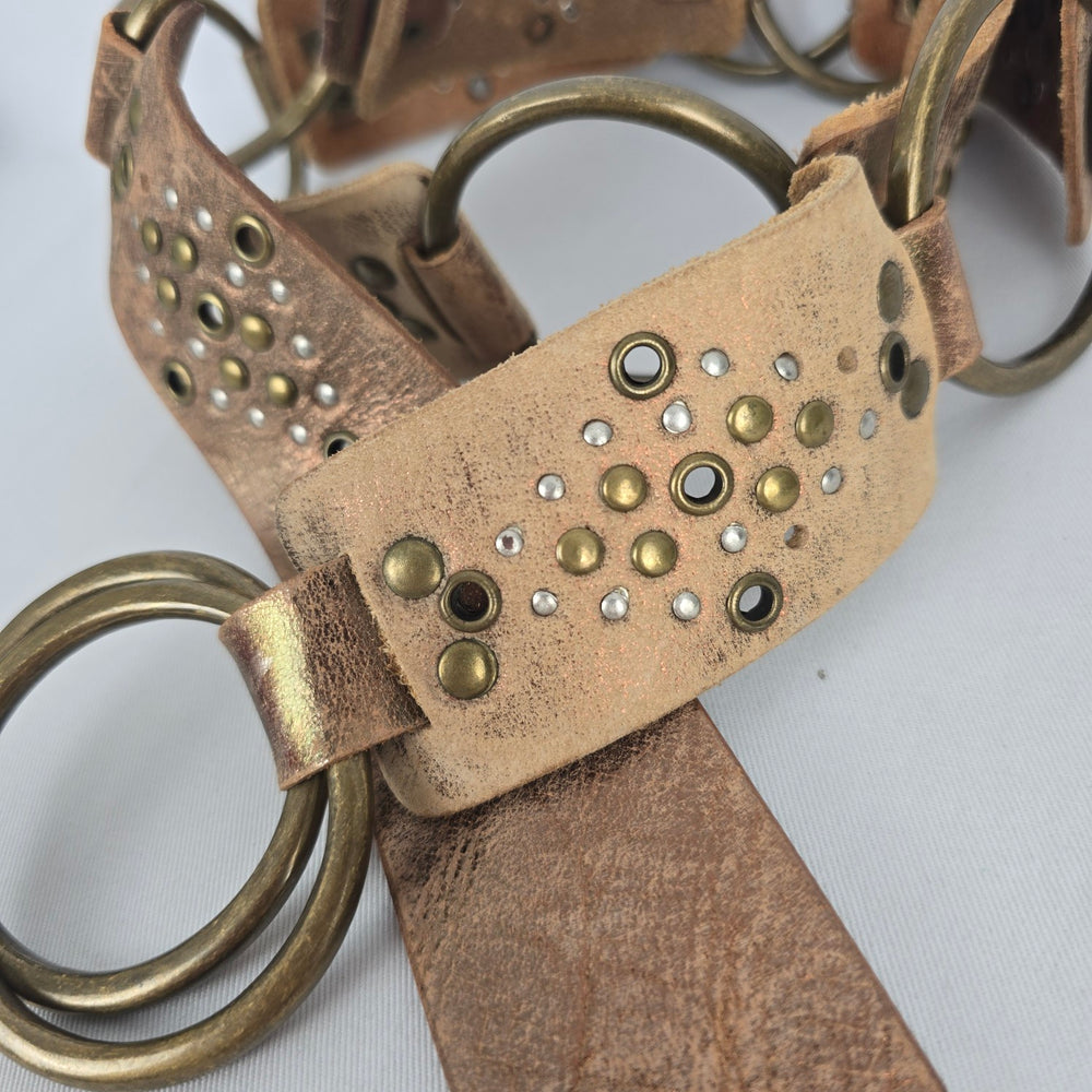 Vintage Brown Distressed Leather O-Ring Studded Statement Belt Size M