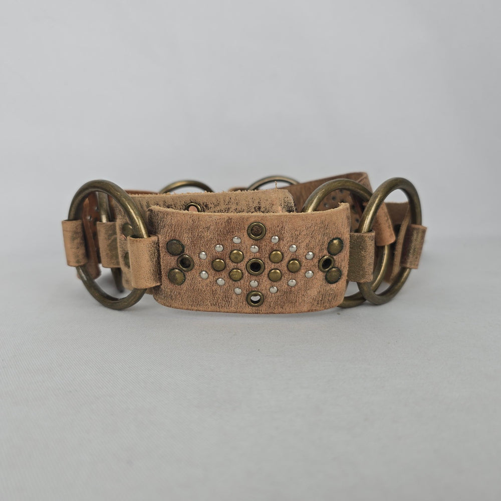 Vintage Brown Distressed Leather O-Ring Studded Statement Belt Size M